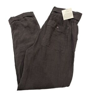 Tahari Pants 100% Linen Dark Gray Slouchy Cuffed Belted Womens M Beachy Lagen